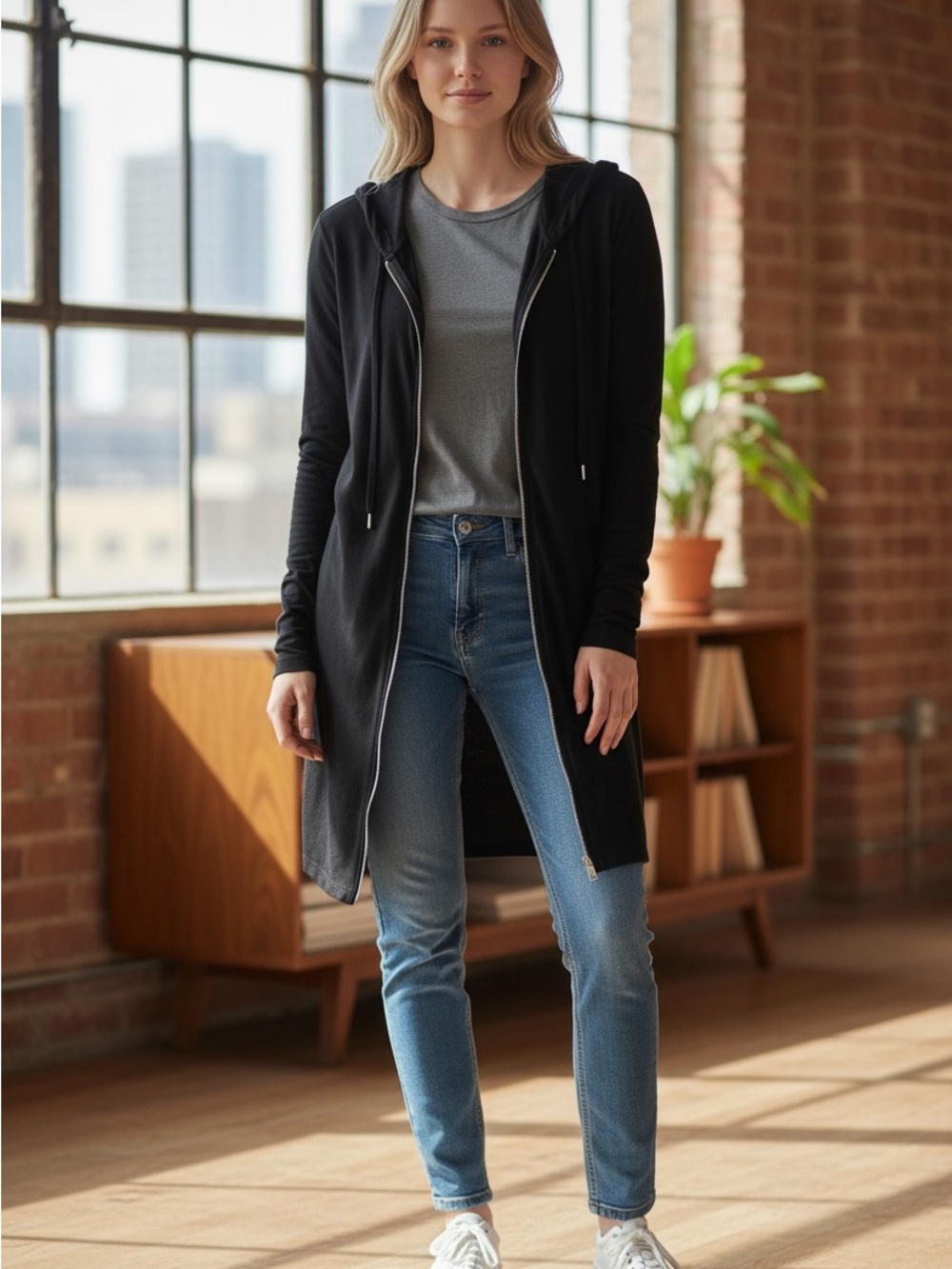 Forever 21 Black Hooded Zip Cardigan Sweater